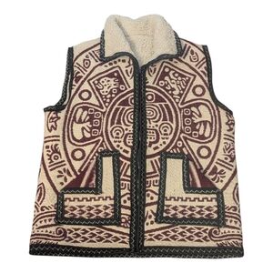 Rare VTG Bobo Artesian Handmade Aztec Calendar Warrior Sherpa Lined Vest Unisex